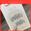 Faux ongles faits main, motif flocons de neige, cristaux diamant, bleu brume, colle amovible en gelée