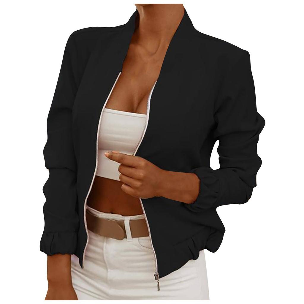 Damenmode mit langen Ärmeln, Reißverschluss, einfarbig, lässig, kurze Jacke, Mantel