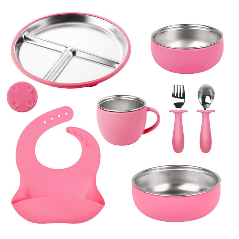 7-Piece Children's Dishes Set Baby Stainless Silicone Tableware Set Suction Cups Forks Spoons Mother and Baby Supplies
