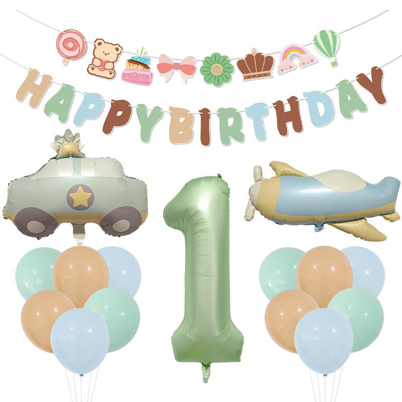 40 Inch Olive Green Digital Car Plane Aluminum Film Balloon Birthday Party Balloon Bear Flag Set Decoration