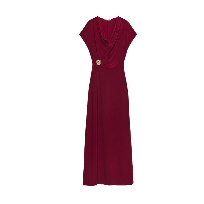 Autumn New Women's Clothing Draped Neckline Short Sleeve Silm Accessories Ruched Decoration Long Dress 1165461