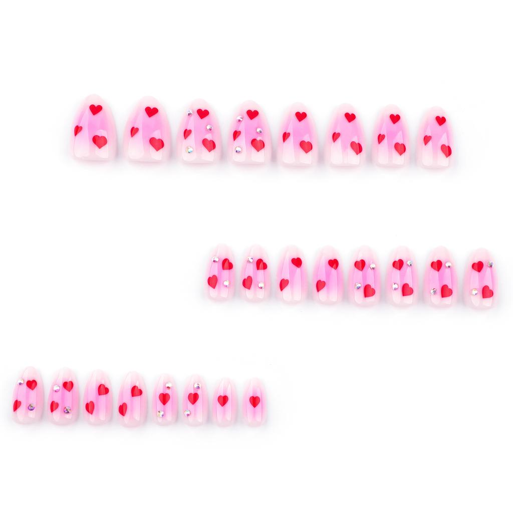 24 Pieces Valentine's Day Love Wear Nail Blush Smudge Nail Art Fake Nail Short Almond Flash Diamond Wear Nail Piece