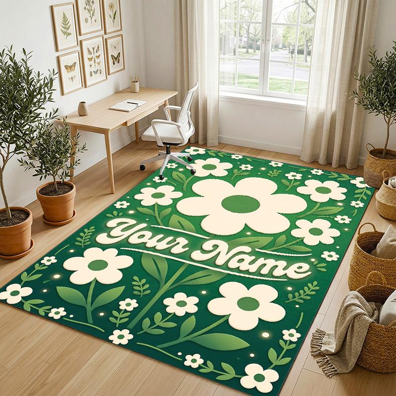 Floral Garden Theme Crystal Velvet Rug Personalized Custom Name Text Soft Floor Mat Home Decor