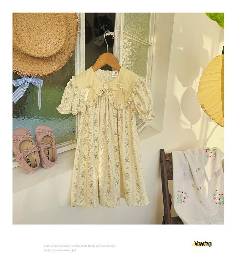 2026 Summer Doll Collar Color Block Girls' Dress – French Print Short Sleeve Princess Korean Style
