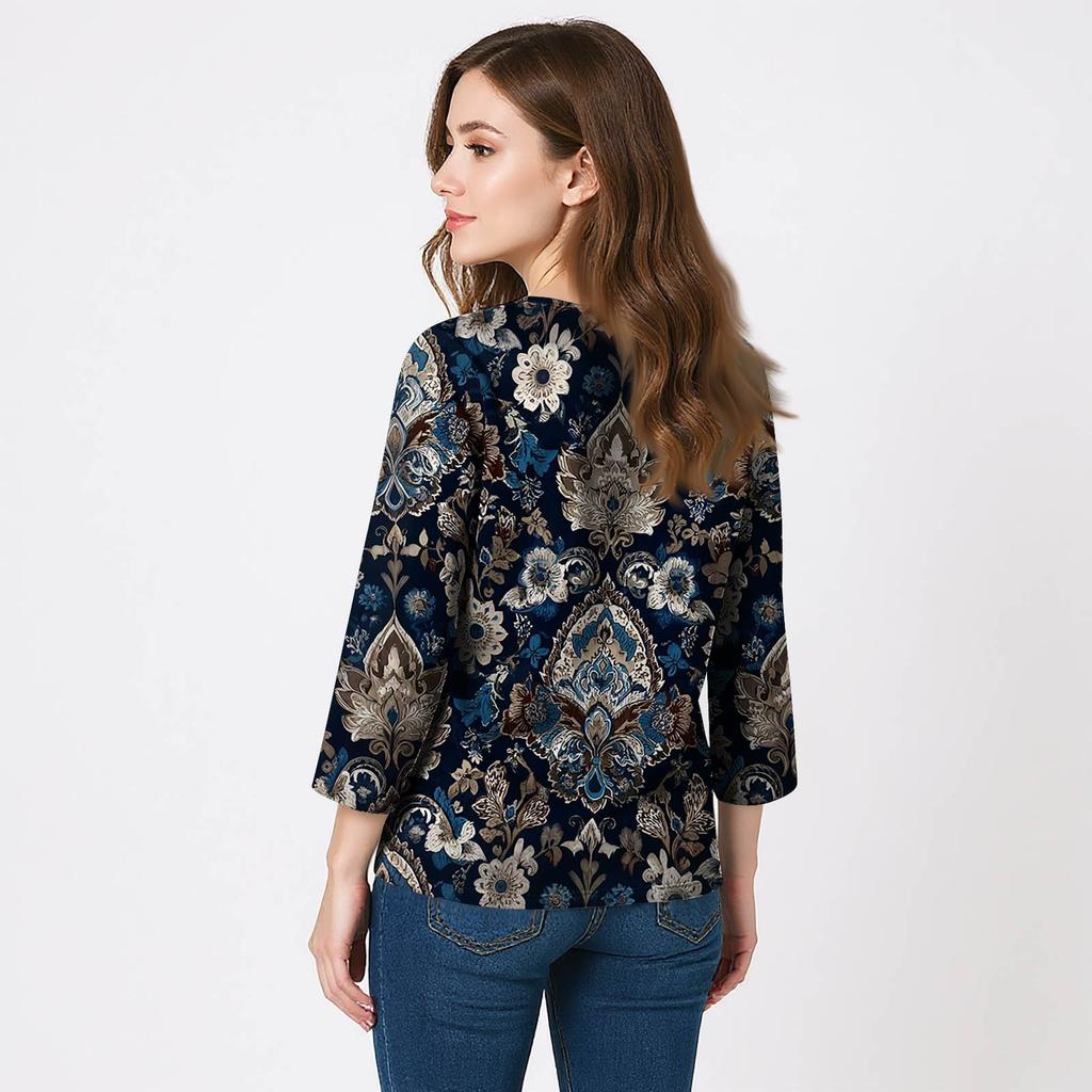 Women's 3/4 Sleeve Shirts V Neck Print Tops Casual Tops Basic Tees Blouse Loose Tops