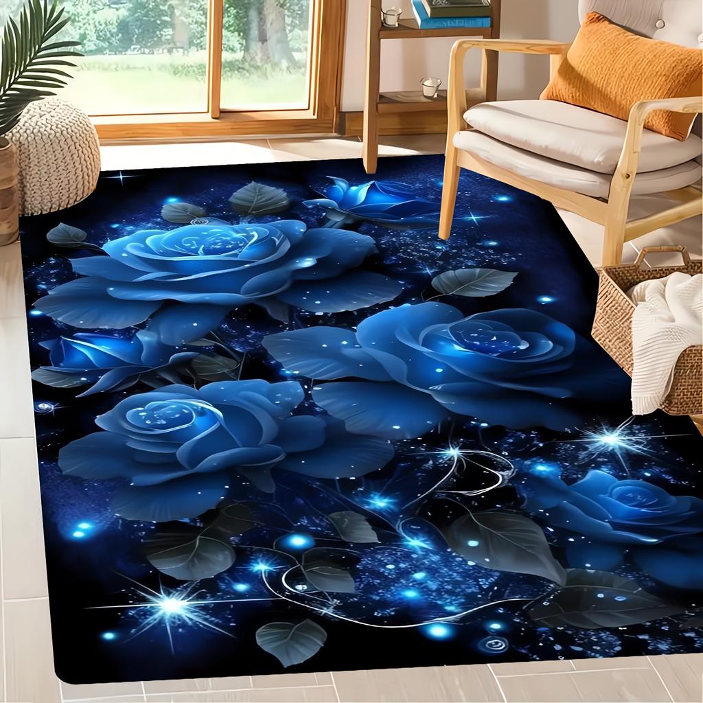 Vintage Blue Rose Design Living Room Rug, Soft Comfortable Absorbent Mat, Ideal for Entryway, Game Room, Living Room, Office