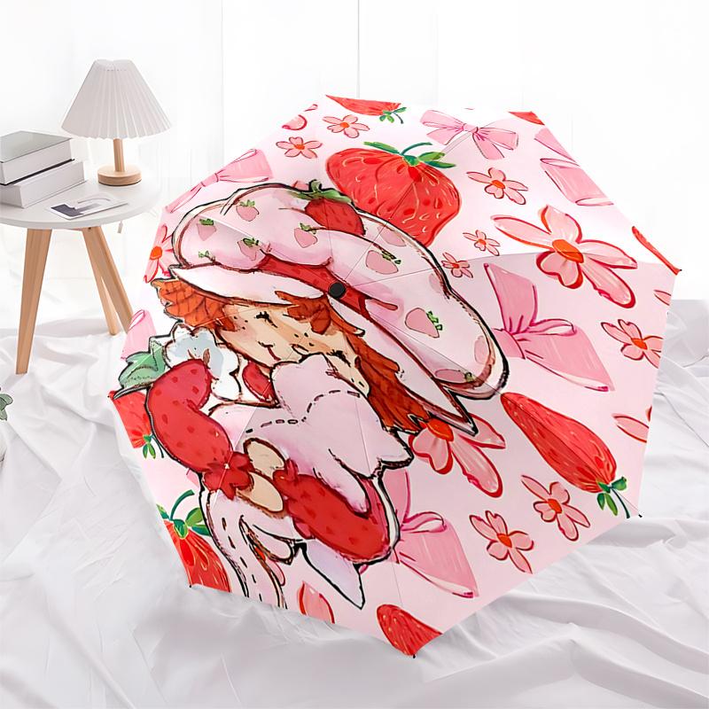 

Strawberry Shortcake Inspired Auto Open Close Umbrella with Bowknot Design Portable 3 Fold Iron Frame Outdoor Umbrella,Perfect Gift for F