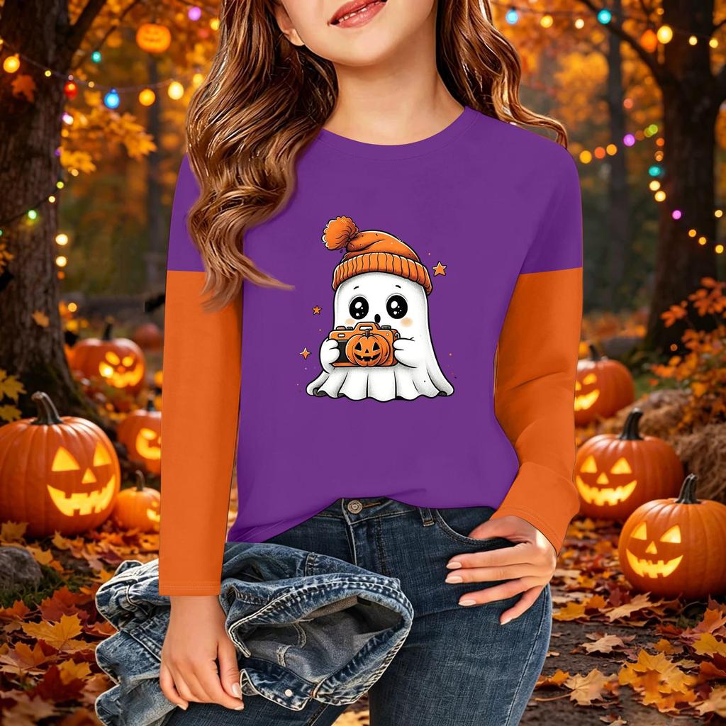 Kids Halloween Print Long Sleeve Neck T-Shirt Casual Top for Boys Girls