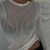 Neck Sleevewhite Long Round Women Elegant Striped See Through Outfits Tshirts Tees Skinny Club Tops