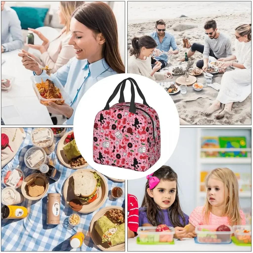 Pink Sweet  Pattern Cooler Lunch Box  Rockabilly Rock And Roll Mountaineering Thermal Insulation Portable Food Bag