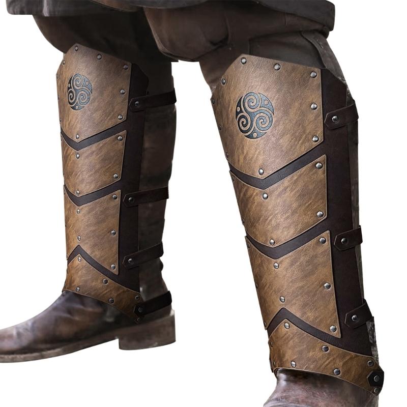 Medieval Faux Leather Leg Guards Vintage Studded Leg Gaiters with Adjustable Straps for Cosplay and LARP Enthusiasts