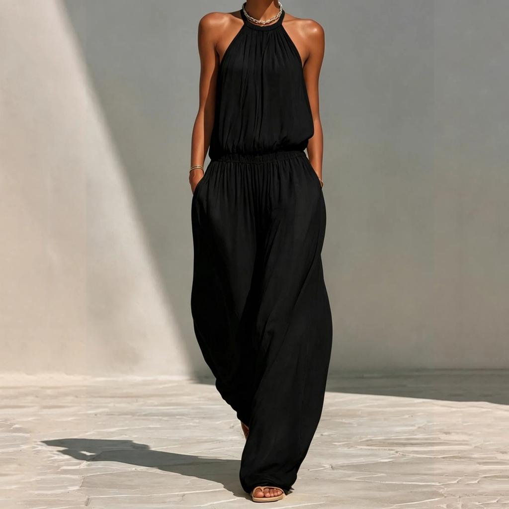 Women's Neck Loose Wide Leg Jumpsuit Vacation Beach Casual Romper for Summer