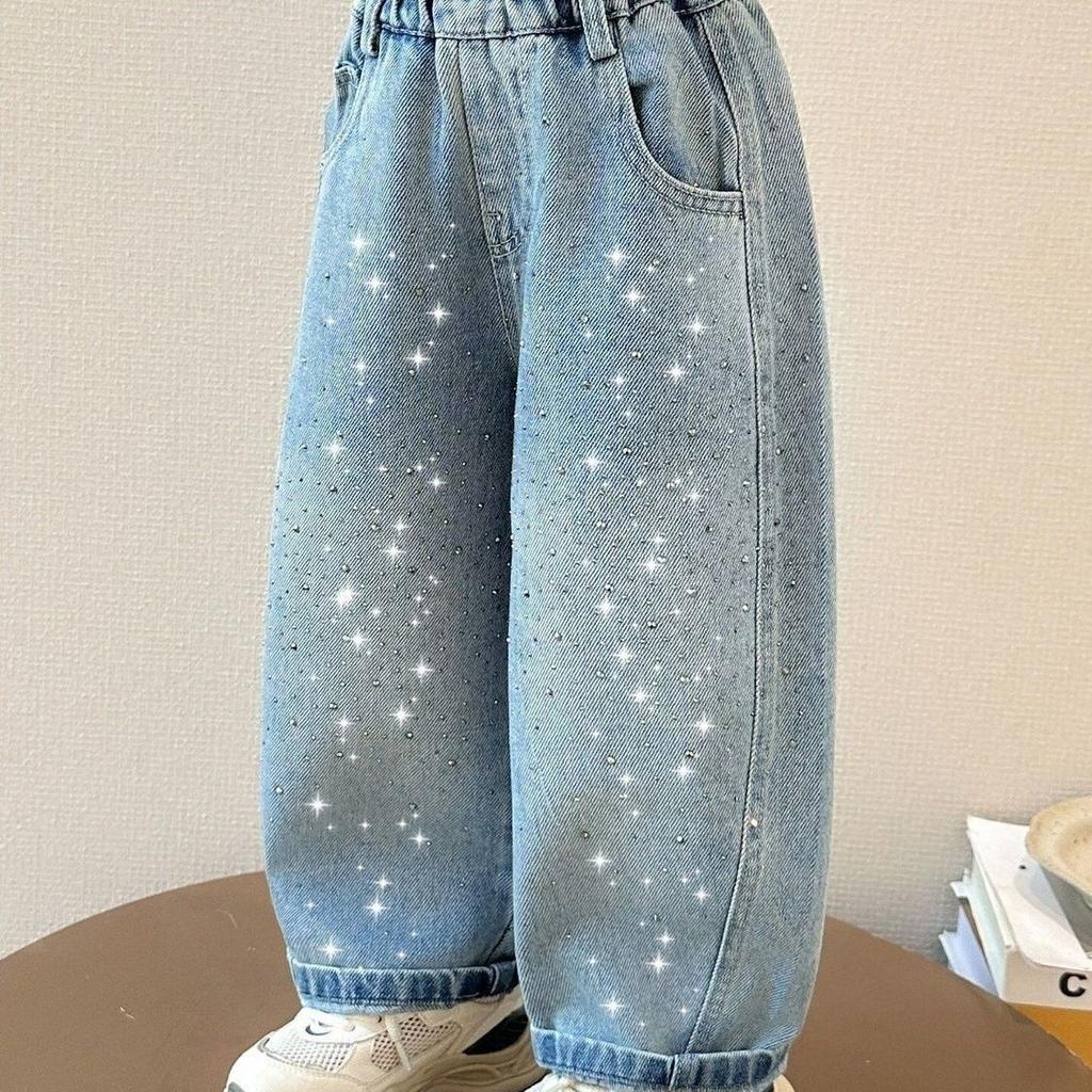 Spring Autumn Kids Girl Jeans Loose Casual Kids Denim Pants with Embellishments Children Girls Shiny Trousers