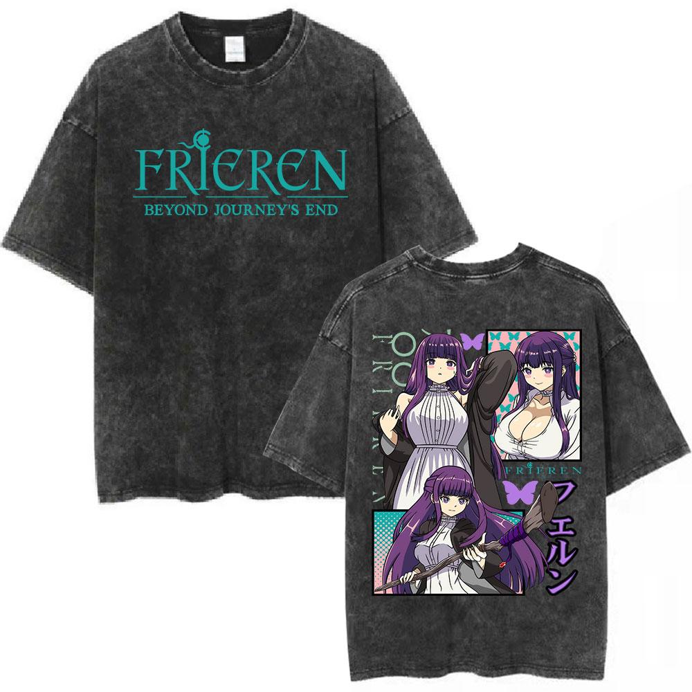 Anime Frieren Beyond Journeys End Frieren Washed Vintage Tshirt Men Women Fashion Manga Tshirts High Quality Cotton T Shirts