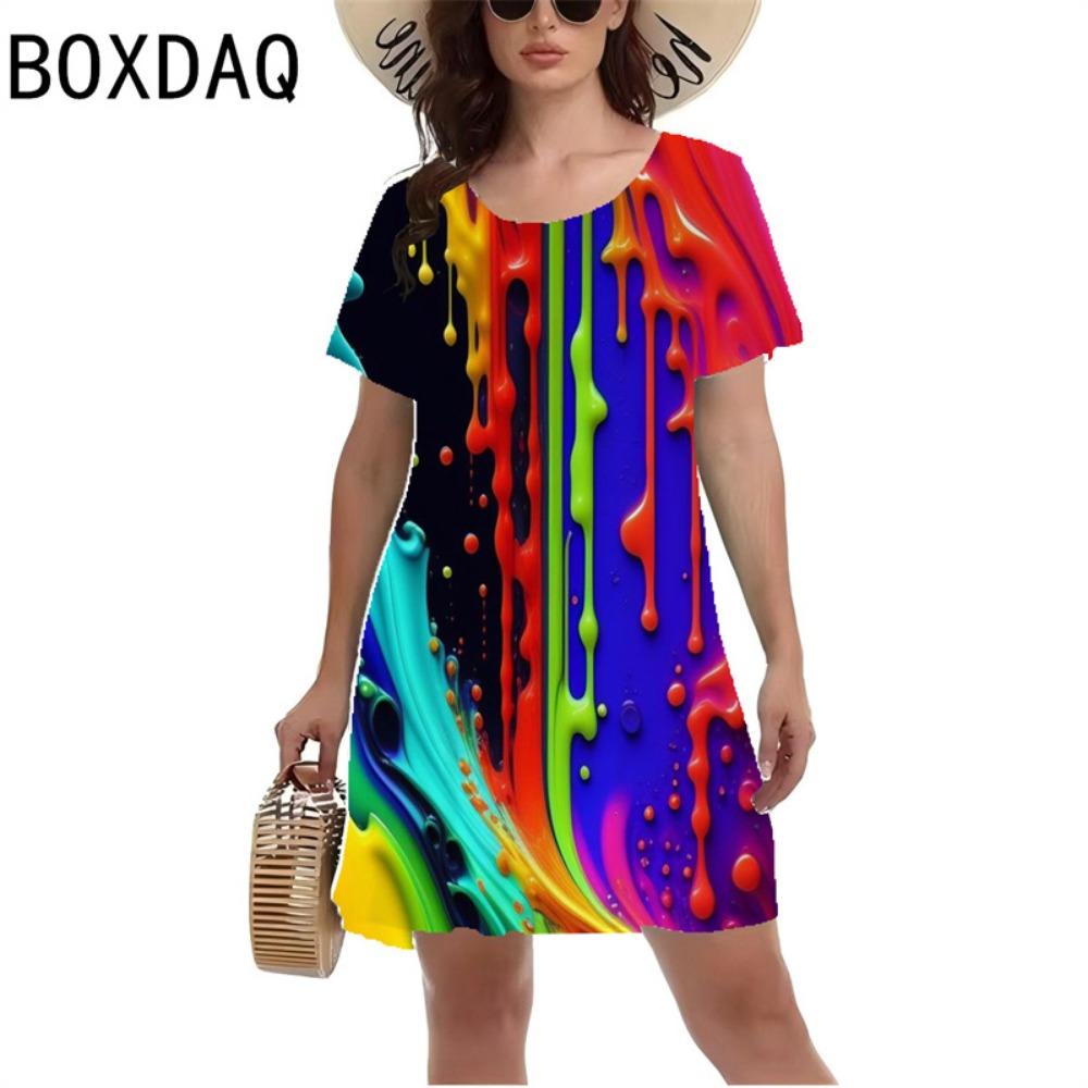 

Women s Color Gradient Ink Printing Dress Short-sleeved Casual A-line Dress Summer Fashion Loose Mini XL