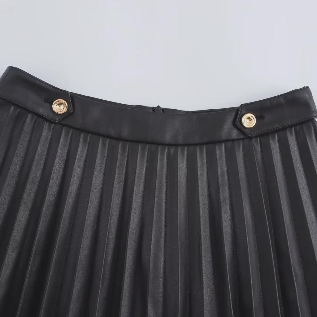 2024 European & American Style A-Line Black PU Pleated Skirt for Women - Perfect for Autumn/Winter