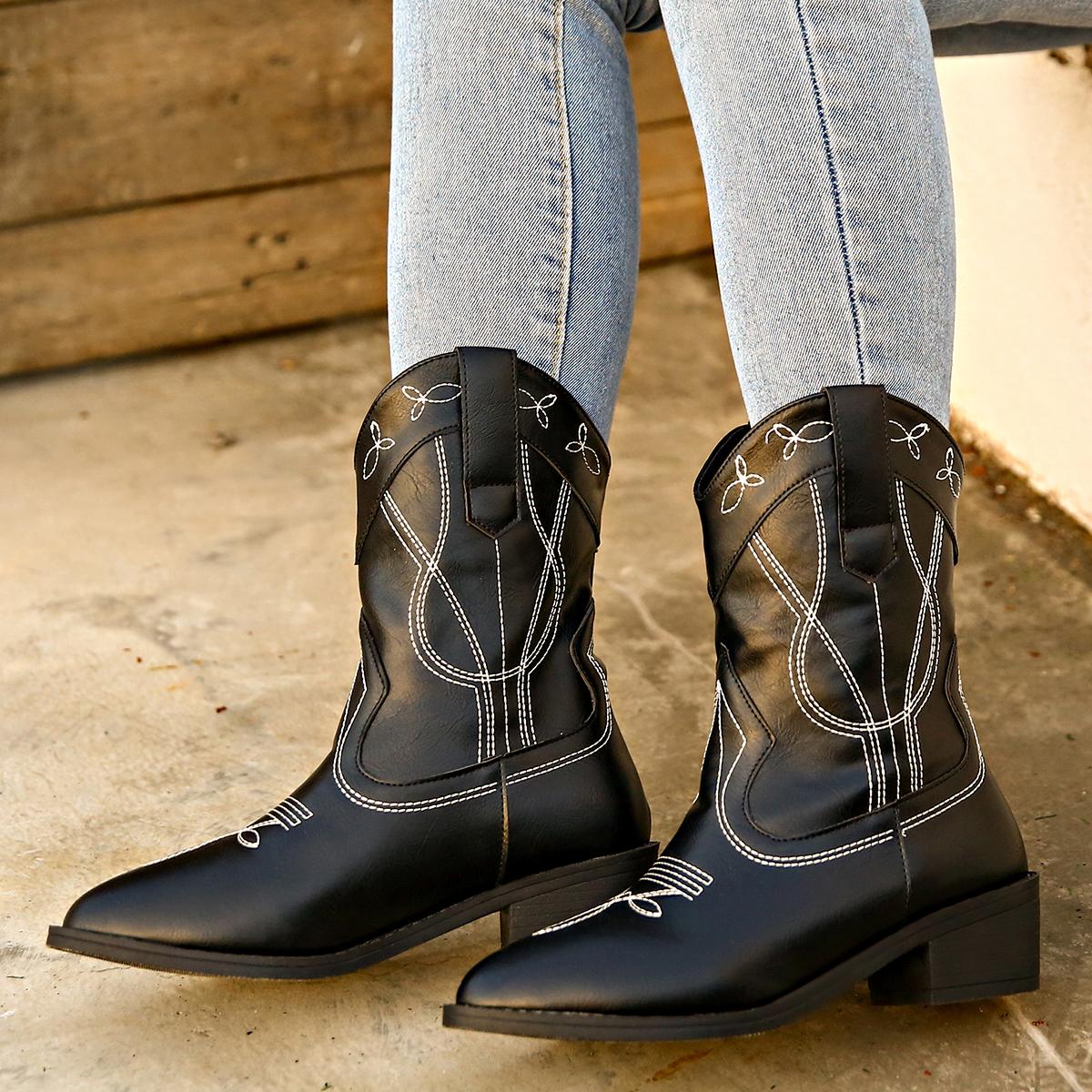 Женские сапоги Высококачественные женские сапоги Зимние остроносые вышитые однотонные — фото 3