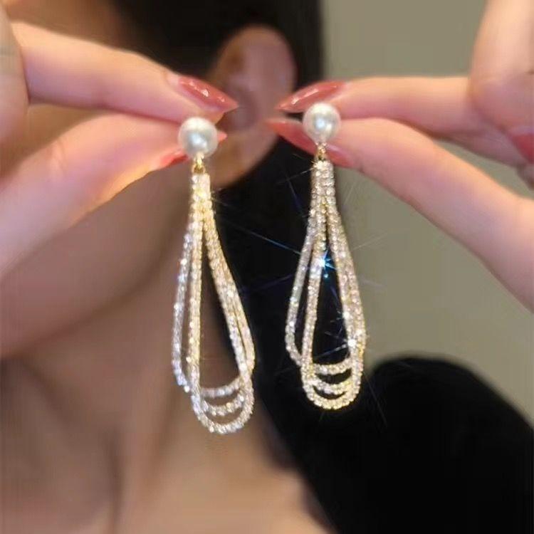 Water Drop Pearl Rhinestone Tassel Earrings