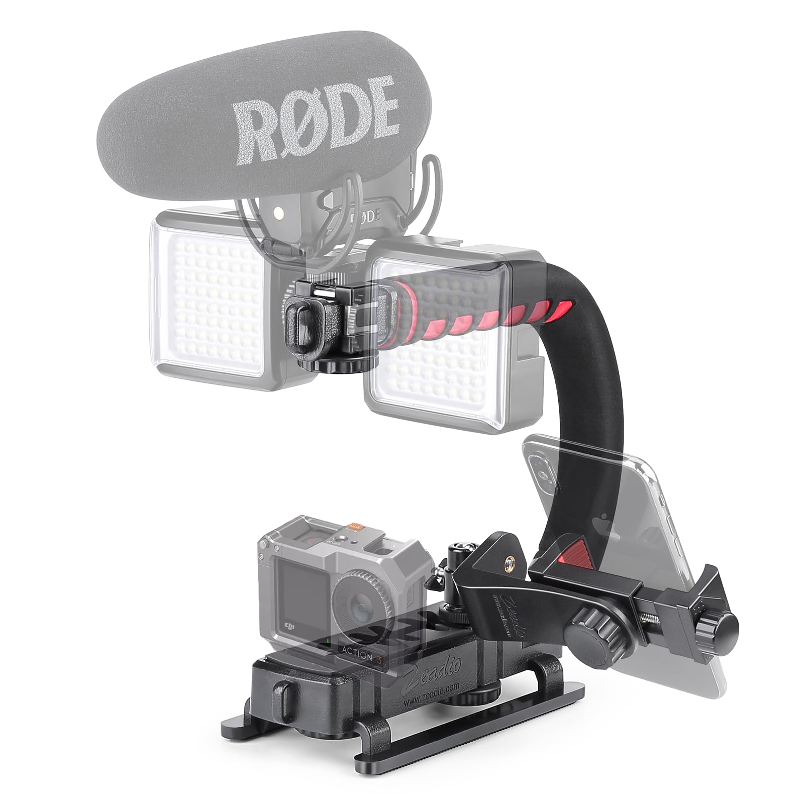 

Zeadio Відео Екшн Ручний Стабілізатор з Кріпленням-Тримачем для Смартфона для Дзеркальних Камер Canon Nikon Sony Panasonic, Відеокамер та Усіх Смартфонів чорний