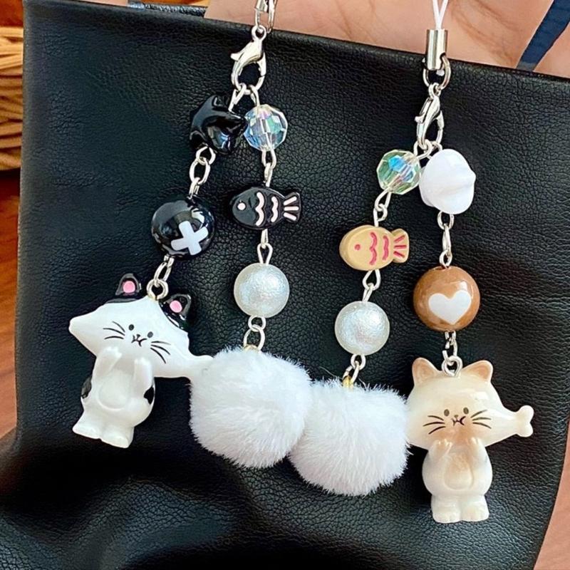 Adorable Cat Design Keyring Pendant Phone Decorative Accessories Resin Texture Phone Strap Suitable for Everyday Use