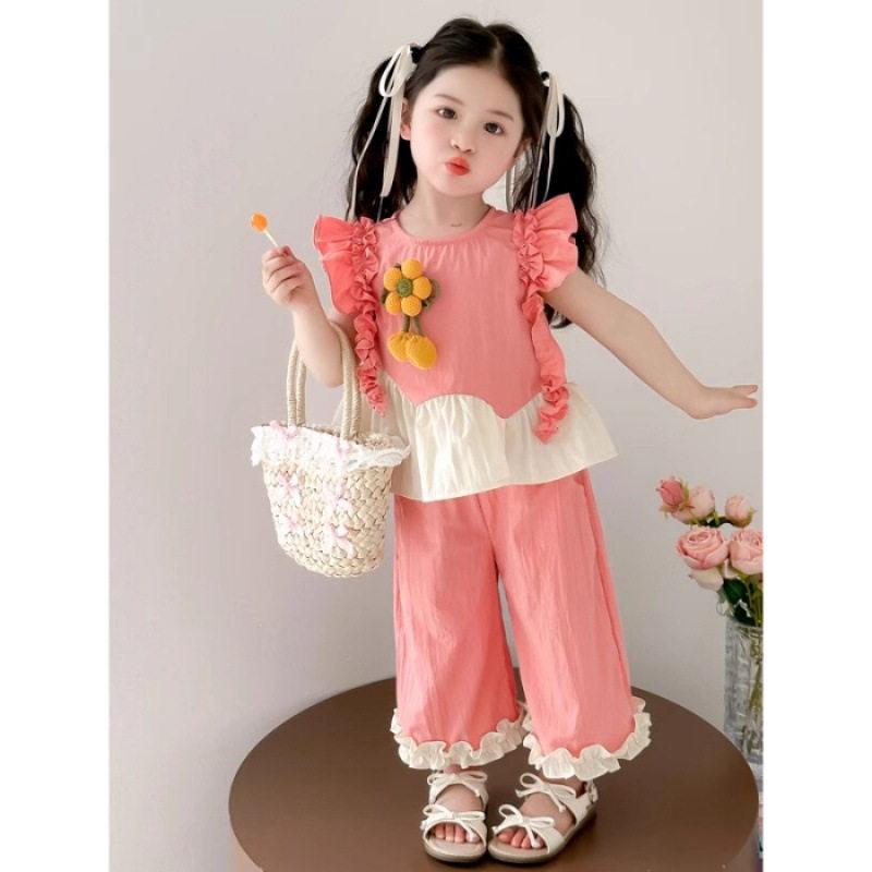 Girls Summer Cottagecore Outfit Flutter Sleeve Peplum Top Wide Leg Pants 2 Piece Set For Toddler Kids