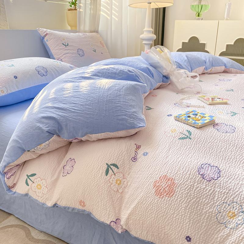 Set Lenzuola Seersucker a Quattro Pezzi Lenzuolo Copripiumino Federe