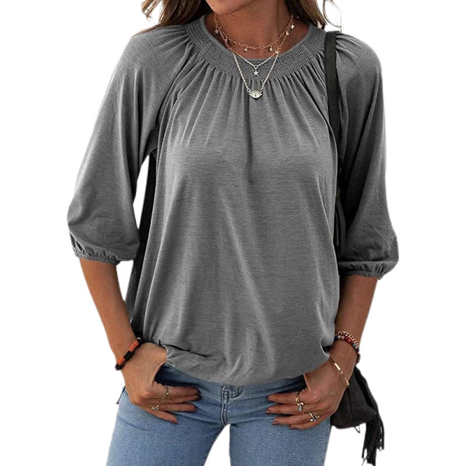 

Women s Solid Color Round Neck T-Shirt Shirt Half Sleeve 3/4 Sleeve Casual Loose Pleated Basic Tops XL