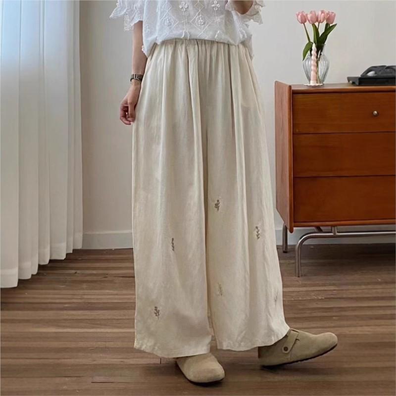 Johnature Japanese Forest Embroidered Wide Leg Pants Women Summer Loose Versatile Straight Cropped Pants