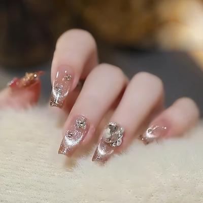 Smile Cat's Eye Wearing Nail Removable French Cat's Eye Fake Nail Nail Pieces Stacked Drill Large Diamond Nail Piece Ballet Nail