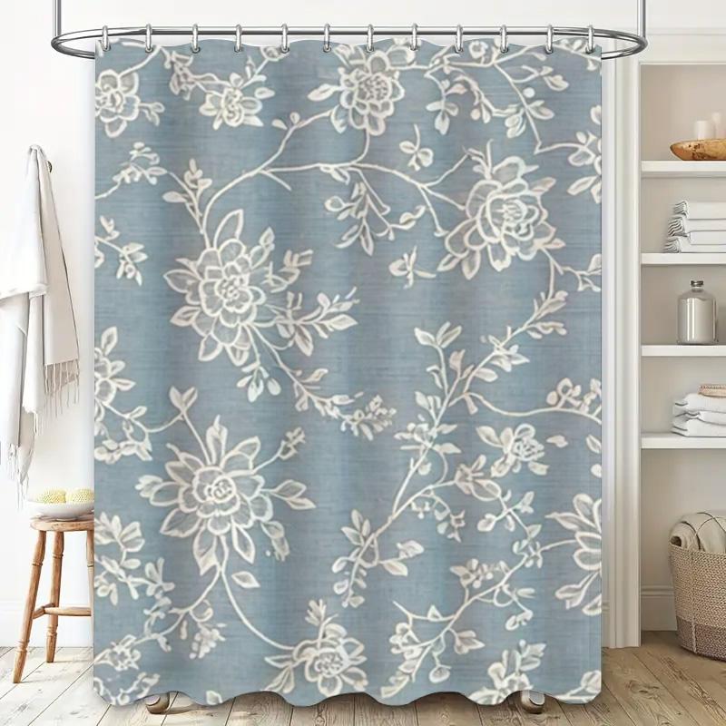 Stylish Floral Waterproof Shower Curtain For Bathroom Decor Blue And White Fabric Shower Curtains With Ring Holders Set