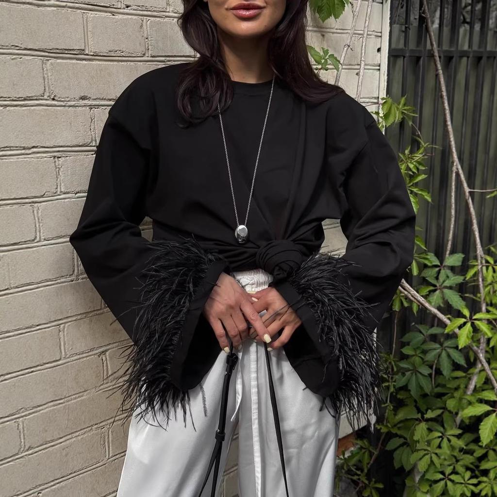 Women S Oversize Long Sleeve T Shirt With Flared Cuffs Fur Trim