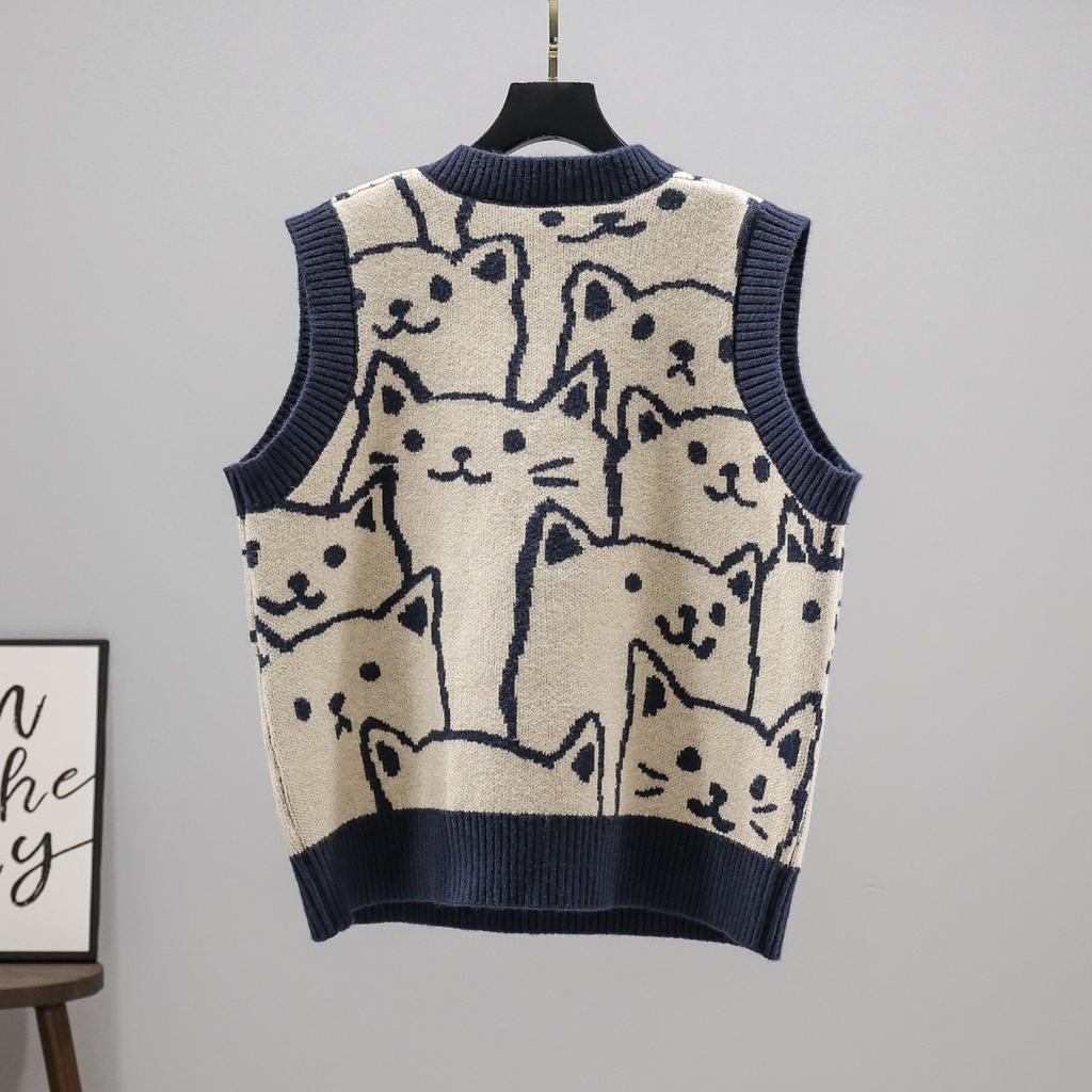 Chaleco de Punto para Mujer Gatito Retro Chaleco de Punto Suéter Holgado Top de Mujer