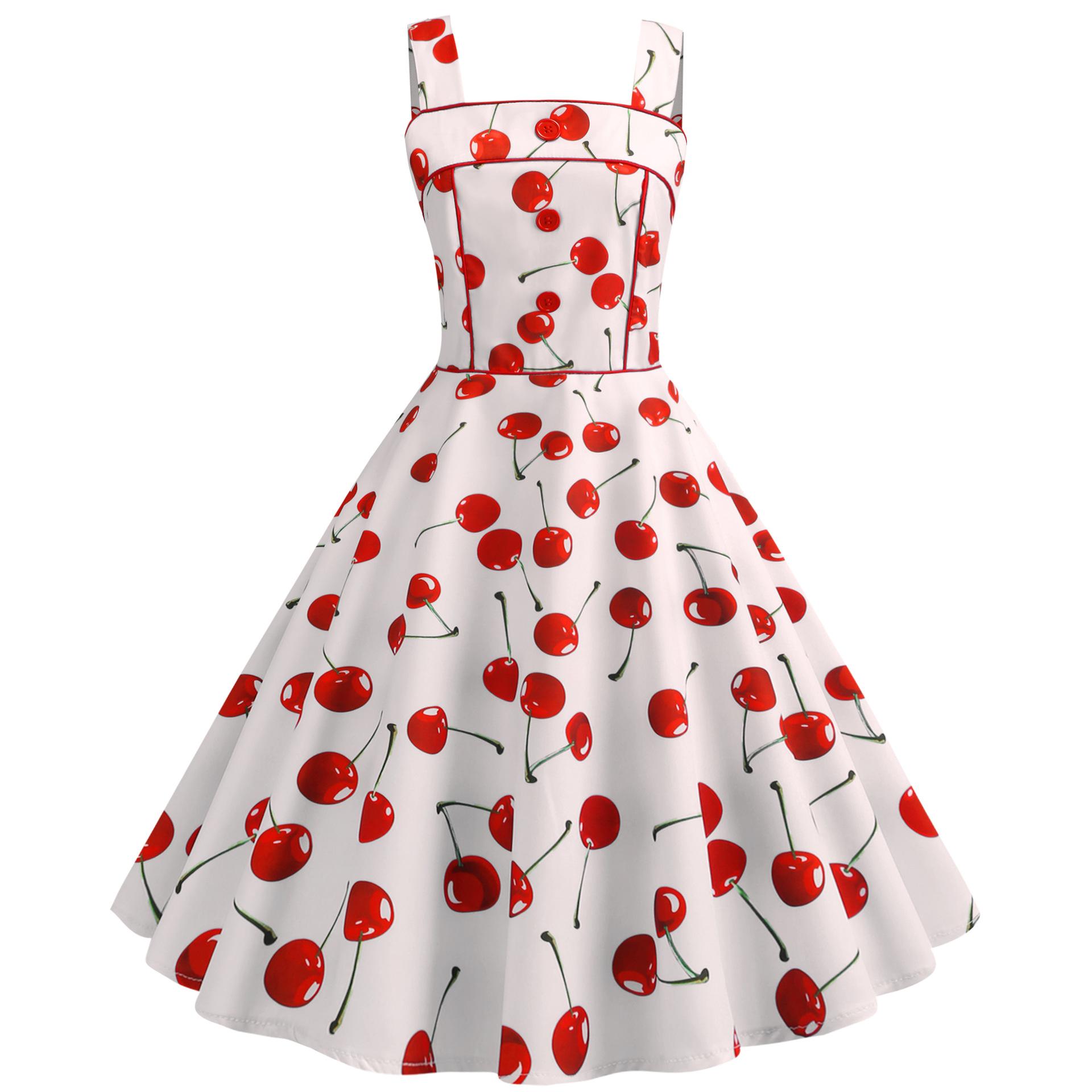 Women s Fashion Casual Cherry Print Striped Top Dress For Summer L