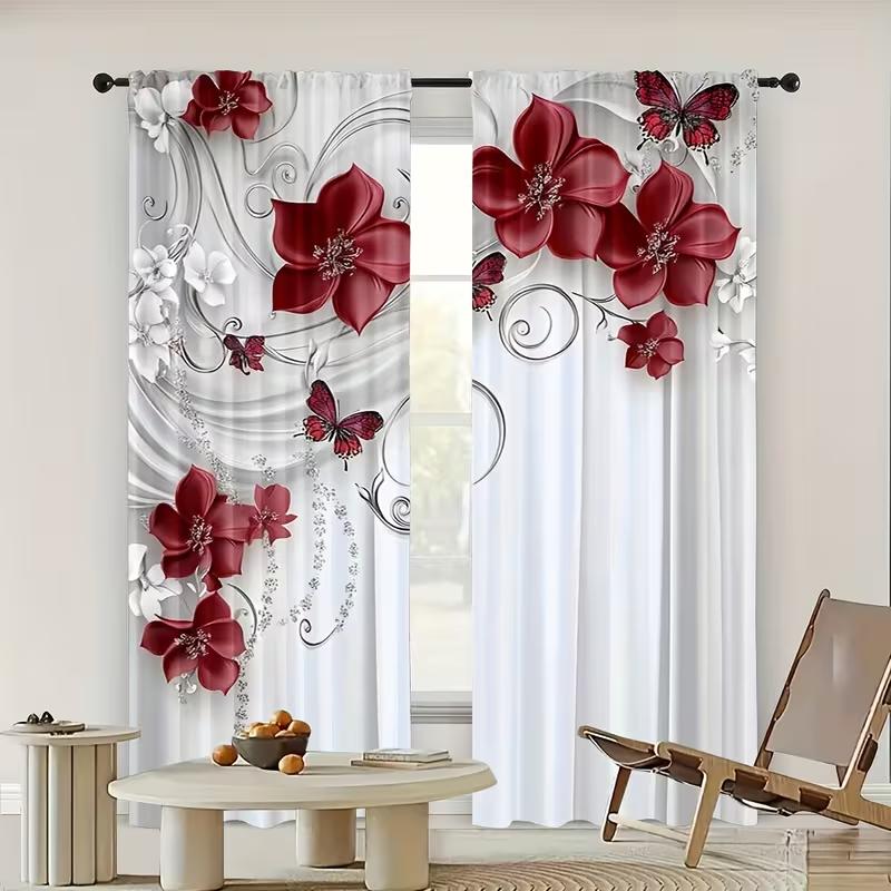 

2PC Burgundy Flower Butterfly Curtains 3D Print Light Filtering Drapes Luxury Elegant Home Decor for Bedroom Living Room 24x59in(60x150CM)x2&Rod Pocket