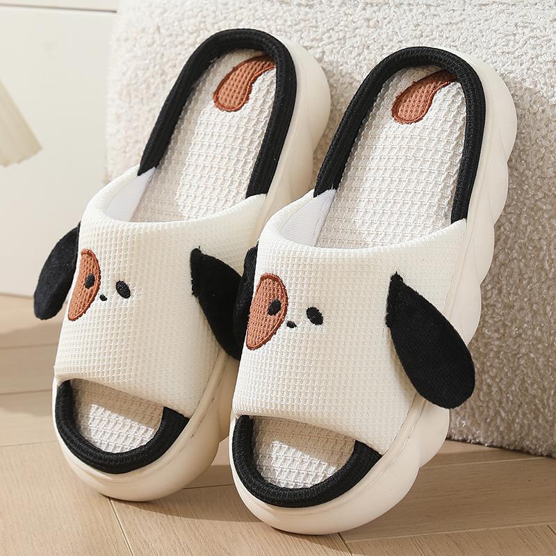 Linen slippers cute puppy cotton and linen four-season slippers couple soft bottom non-slip sweat-absorbing slippers