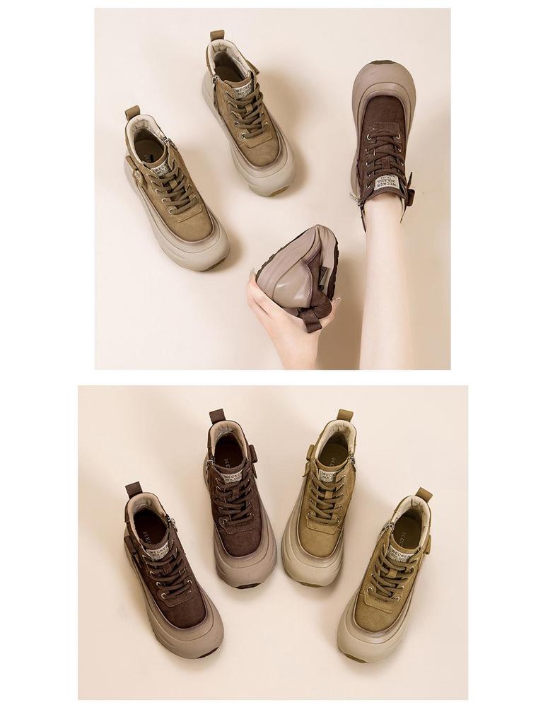 Autumn Women's High-Top Cowhide Sneakers 2025: Thick-Soled, Height-Increasing, Versatile, and Comfortable.