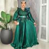 Plus Size Women Sequin V-Neck Maxi Dress Long Sleeve Pleated Satin Formal Evening Gown with Belt