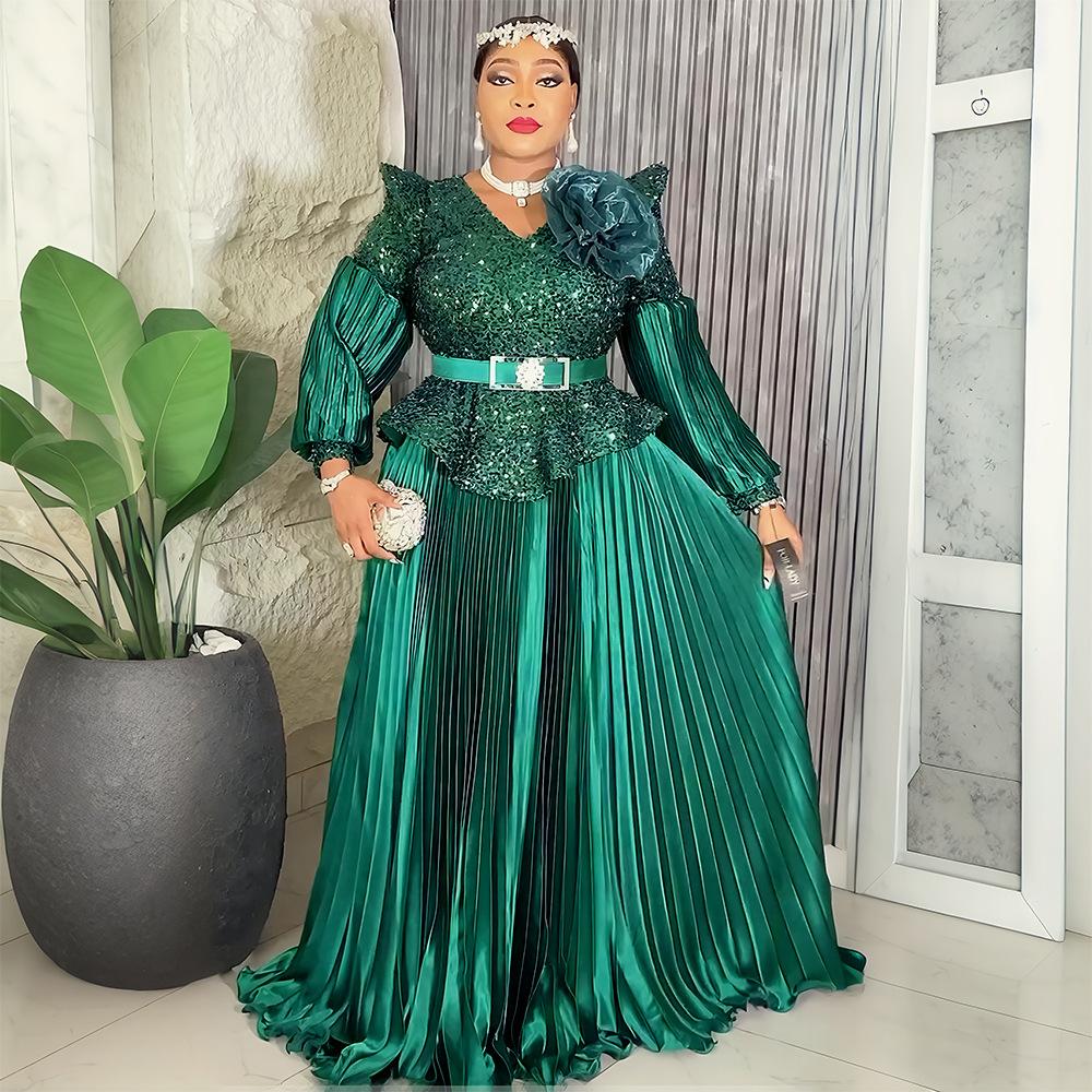 Plus Size Women Sequin V-Neck Maxi Dress Long Sleeve Pleated Satin Formal Evening Gown with Belt