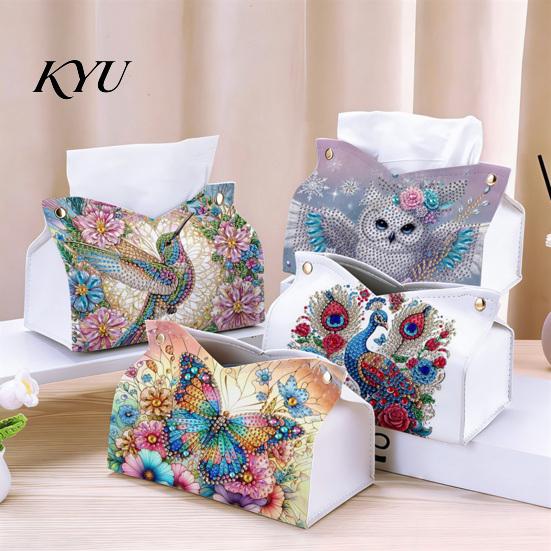 Concentration Training Toys DIY Faux Diamond Art Painting Tissue Box, Leather Desktop Holiday Gift for Craft Lovers Holder Pouch, 5D Rhinestone