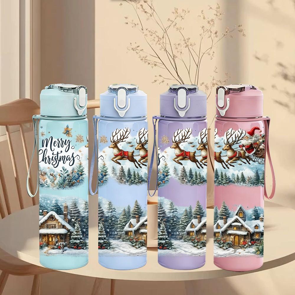 1PC Winter Cabin Snow House Scene Print 750ml Color Plastic Sports Water Bottle Leakproof Flip Straw Lid Suitable for Sports Office Home Use