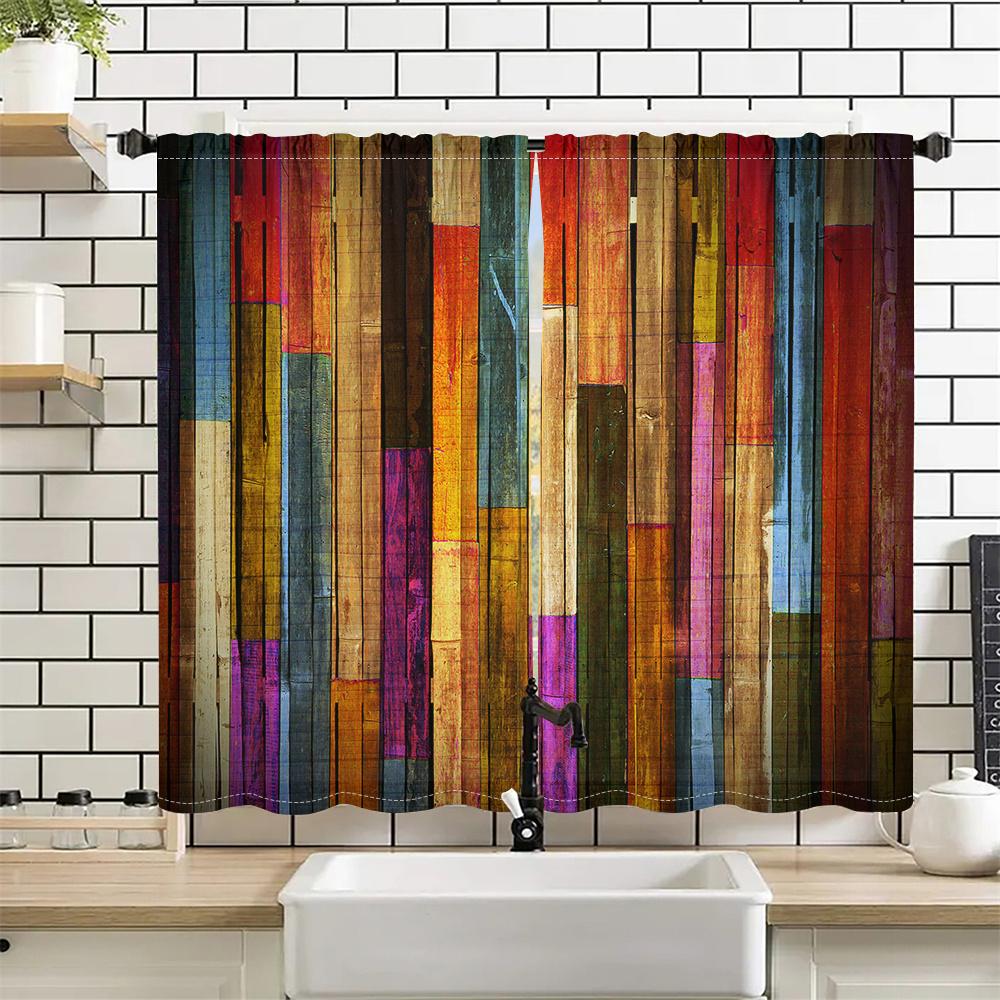 2Pcs Colorful Wooden Board Curtains Countryside Retro Rainbow Wood Grain Design Curtain Living Room Bedroom Balcony Window Decor
