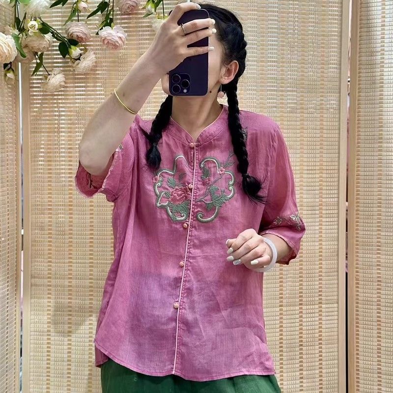 

Retro embroidered cotton and linen shirt short-sleeved women s summer new button-up top M