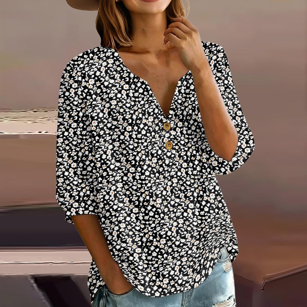Women Henley Neck Button Front Floral Print Shirt Three Quarter Sleeve Cotton Linen Casual Loose Fit Blouse Top
