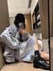 Women's Blue & White Plaid Drawstring Jacket & Pleated Skirt Two-Piece Set for Early Spring