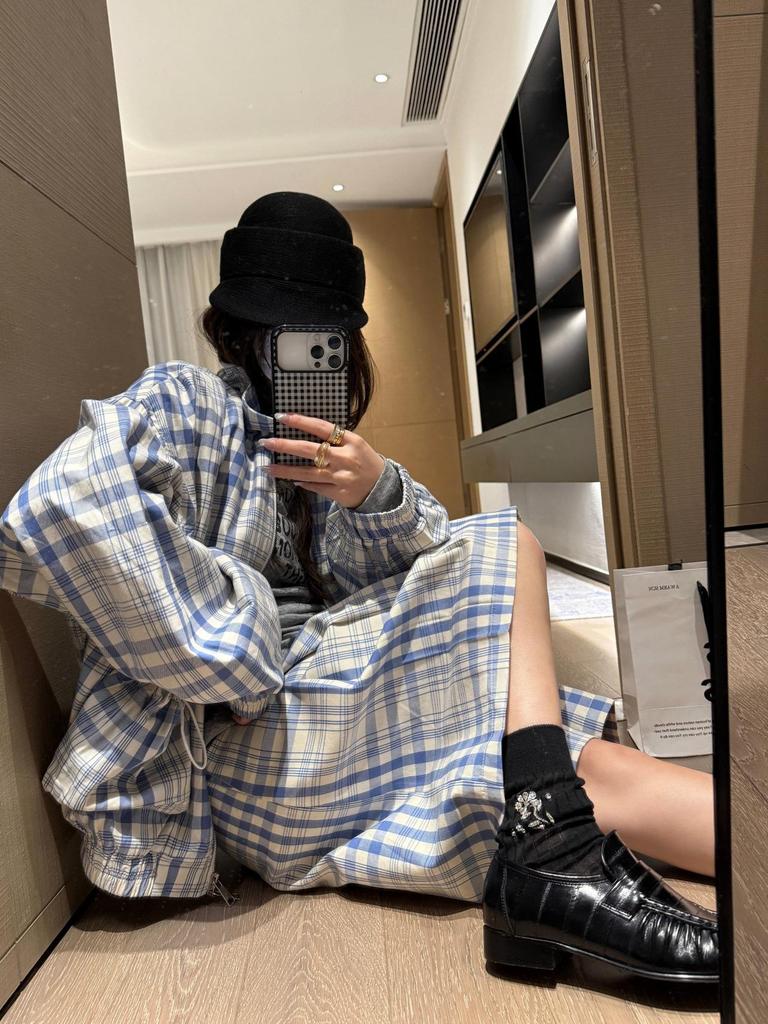 Women's Blue & White Plaid Drawstring Jacket & Pleated Skirt Two-Piece Set for Early Spring