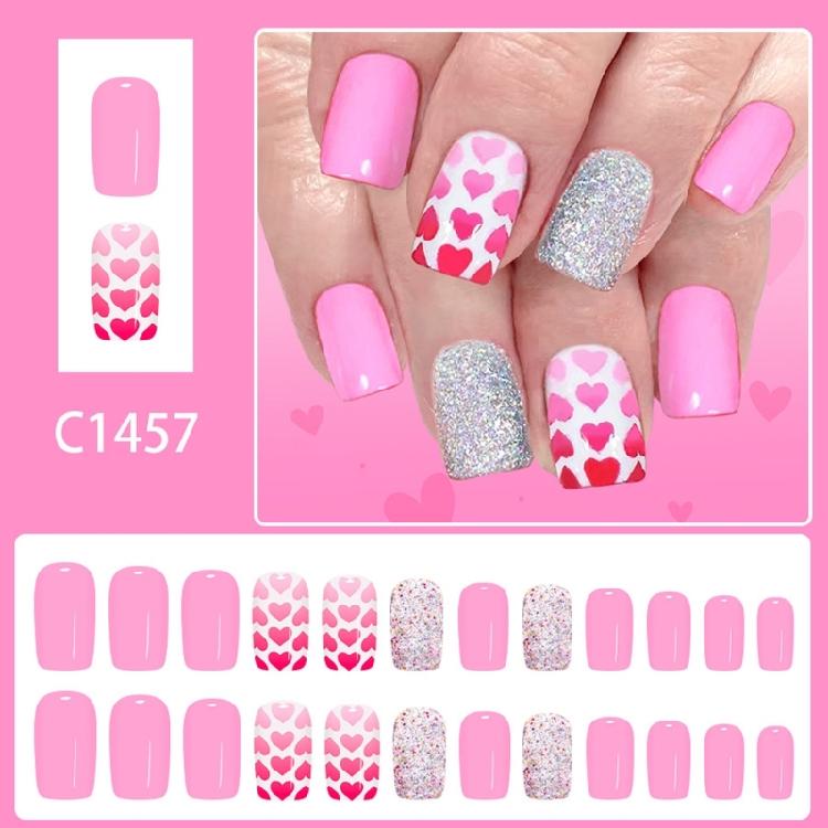 24 uñas postizas con punta francesa, diseño de corazón rosa brillante, uñas artificiales cortas para fiestas de San Valentín.
