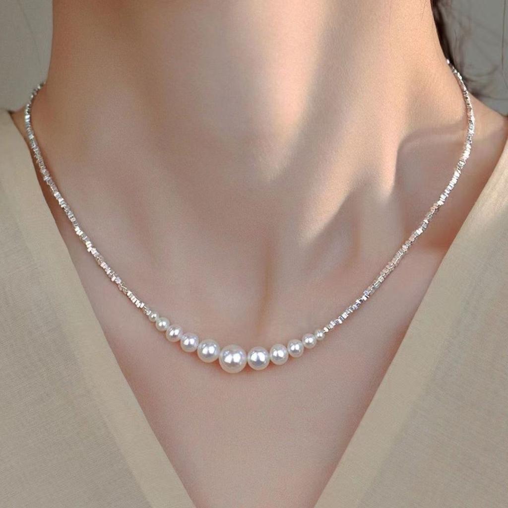 Broken silver pearl necklace simple French high-end light luxury girlfriend Valentine's Day girlfriend gift