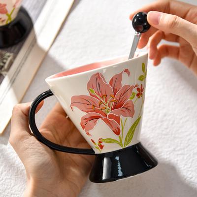 Good Looking Embossed Coffee Cup with Spoon High End Exquisite Flower Mug Ceramic Design Niche Retro Features