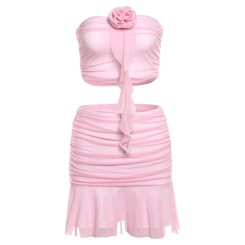 Mesh Folds Skirt 2 Piece Sets Women Summer Slim Backless Flower Patchwork Tube Tops Hot Girls Beach Sexy Bodycon High Waist Vacation Skirts Sets