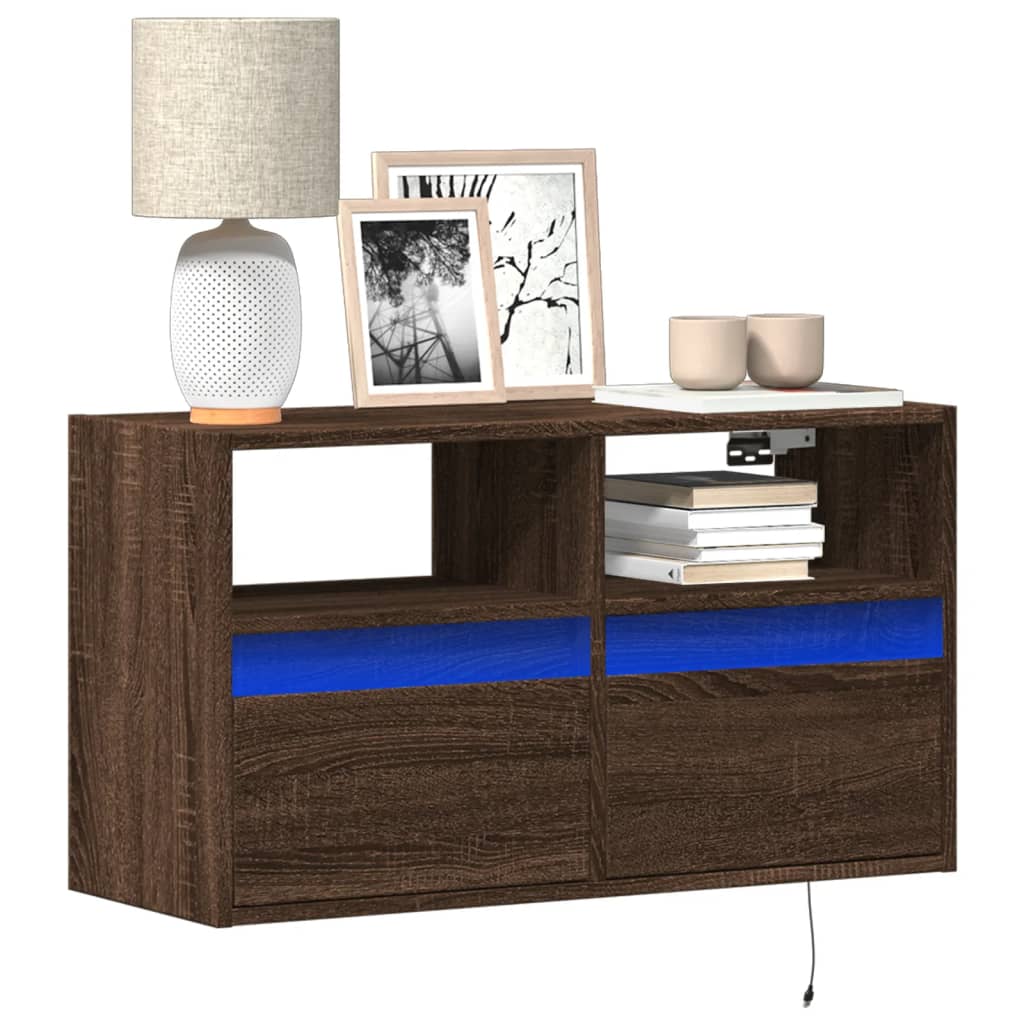 Wall Mounted TV Cabinet with LED Lighting Brown Oak Effect 80 x 31 x 45 cm